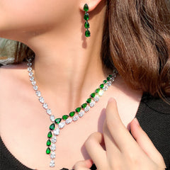 Two Tone Patchwork Teardrop Zircon Jewelry Necklace Earring Set Chain - FASHIONKULTUR