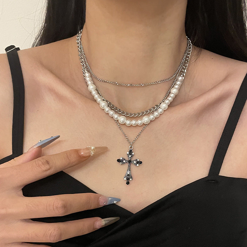 Fashion Personalized Multi-Layered Pearl Cross Pendant Necklace Clavicle Chain For Women Temperament Jewelry Accessories Gifts - FASHIONKULTUR