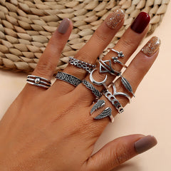 Retro Wings Triangle Moon Geometry Twelve Piece Set Ring