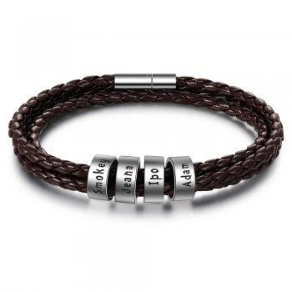 Personalized Mens Braided Genuine Leather Bracelet Stainless Steel Custom Beads Name Charm Bracelet For Men With Family Names - FASHIONKULTUR