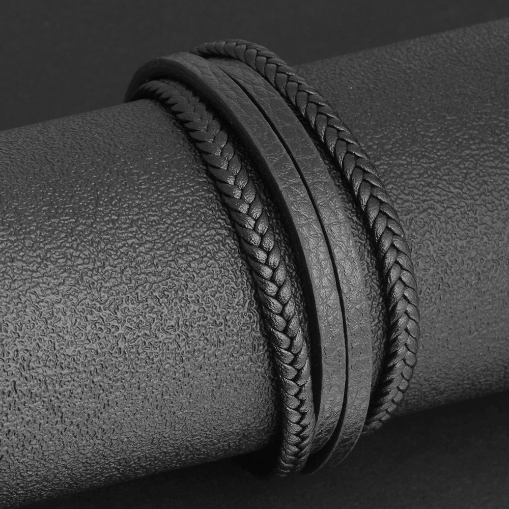 Bracelets & Bangles Men Stainless Steel Leather Bracelets Braided Rope Magnetic Clasp Male Bangles Jewelry New - FASHIONKULTUR