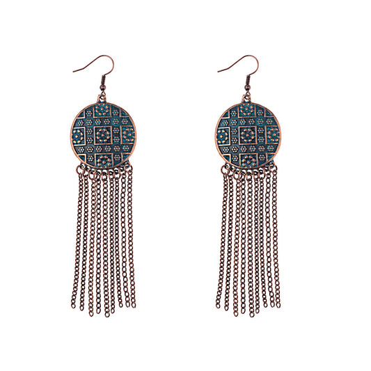 Chinese Retro Ethnic Style Exaggerated And Personalized Totem Pattern Creative Alloy Long Fringe Earrings