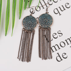 Chinese Retro Ethnic Style Exaggerated And Personalized Totem Pattern Creative Alloy Long Fringe Earrings