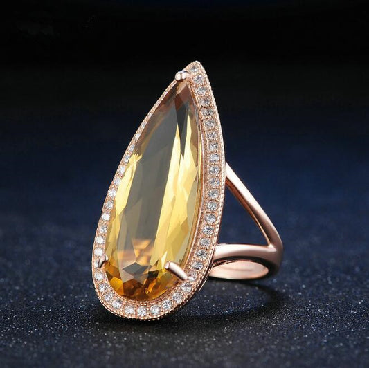 Natural citrine stone luxury waterdrop 925 sterling silver ring fine jewelry for women rose - FASHIONKULTUR