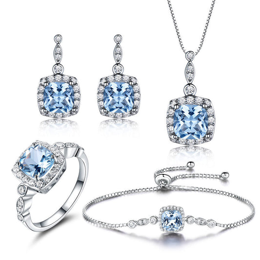 925 Sterling Silver Necklace Sky Blue Topaz Four-Piece Set - FASHIONKULTUR