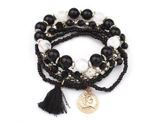 Bohemian head coin mixed color rice beads multi-layer bracelet tassel multi-layer elastic bracelet