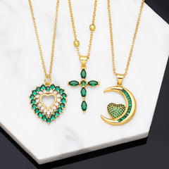 Women's Fashion Green Diamond Love Cross Necklace