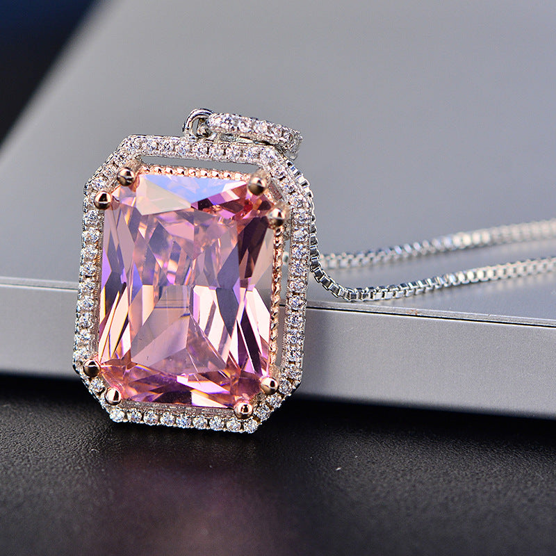 Children's Necklace Pink 3a Zircon Large Square Geometric Diamond Pendant Short Necklace - FASHIONKULTUR