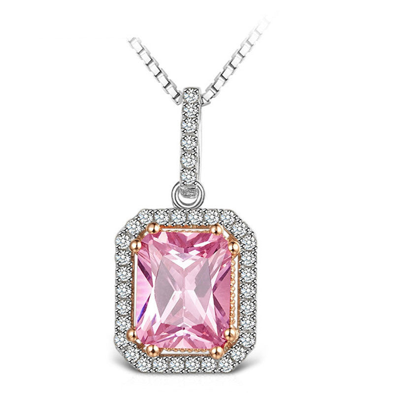 Children's Necklace Pink 3a Zircon Large Square Geometric Diamond Pendant Short Necklace - FASHIONKULTUR