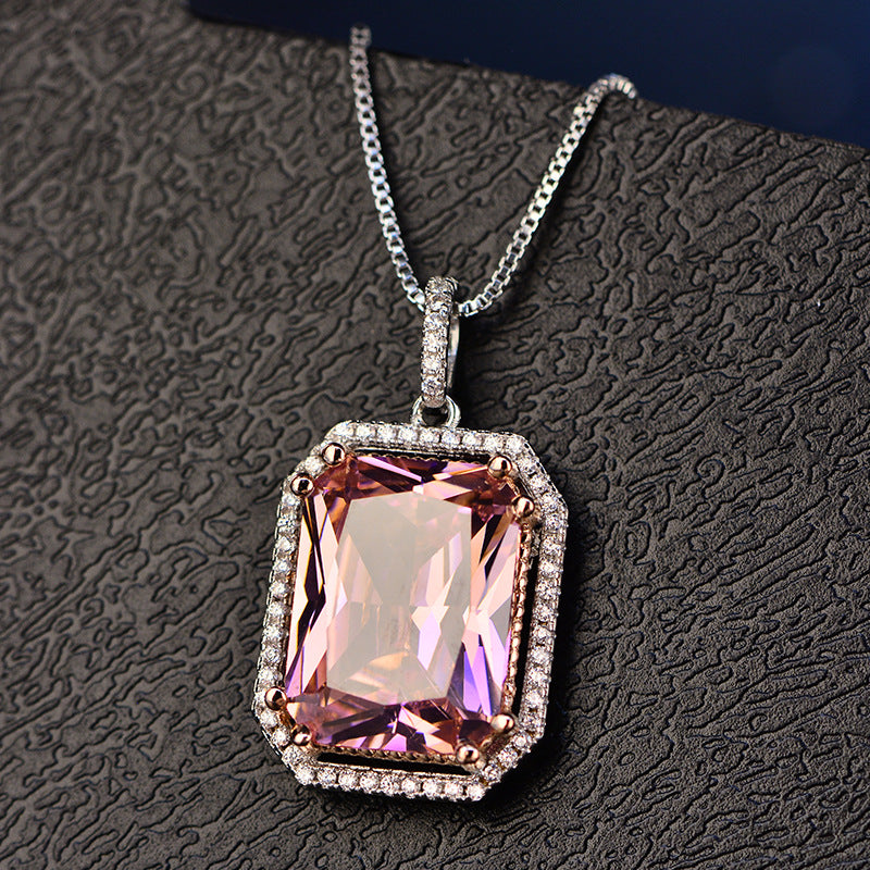 Children's Necklace Pink 3a Zircon Large Square Geometric Diamond Pendant Short Necklace - FASHIONKULTUR