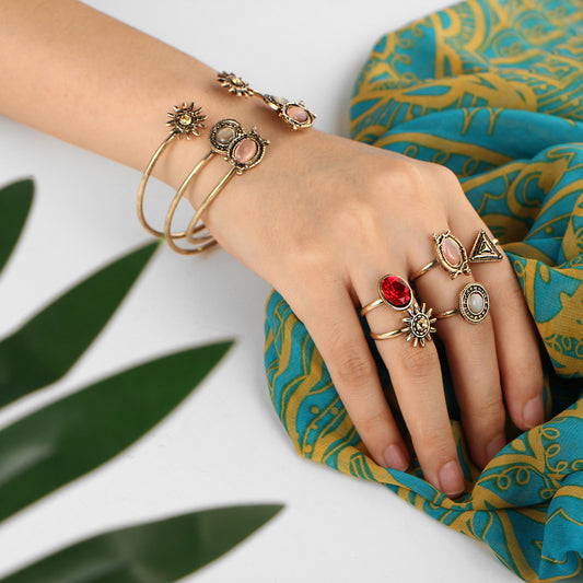 Creative Vintage Flower Joint Ring Open Bracelet Ring Set - FASHIONKULTUR