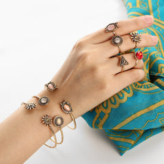 Creative Vintage Flower Joint Ring Open Bracelet Ring Set - FASHIONKULTUR