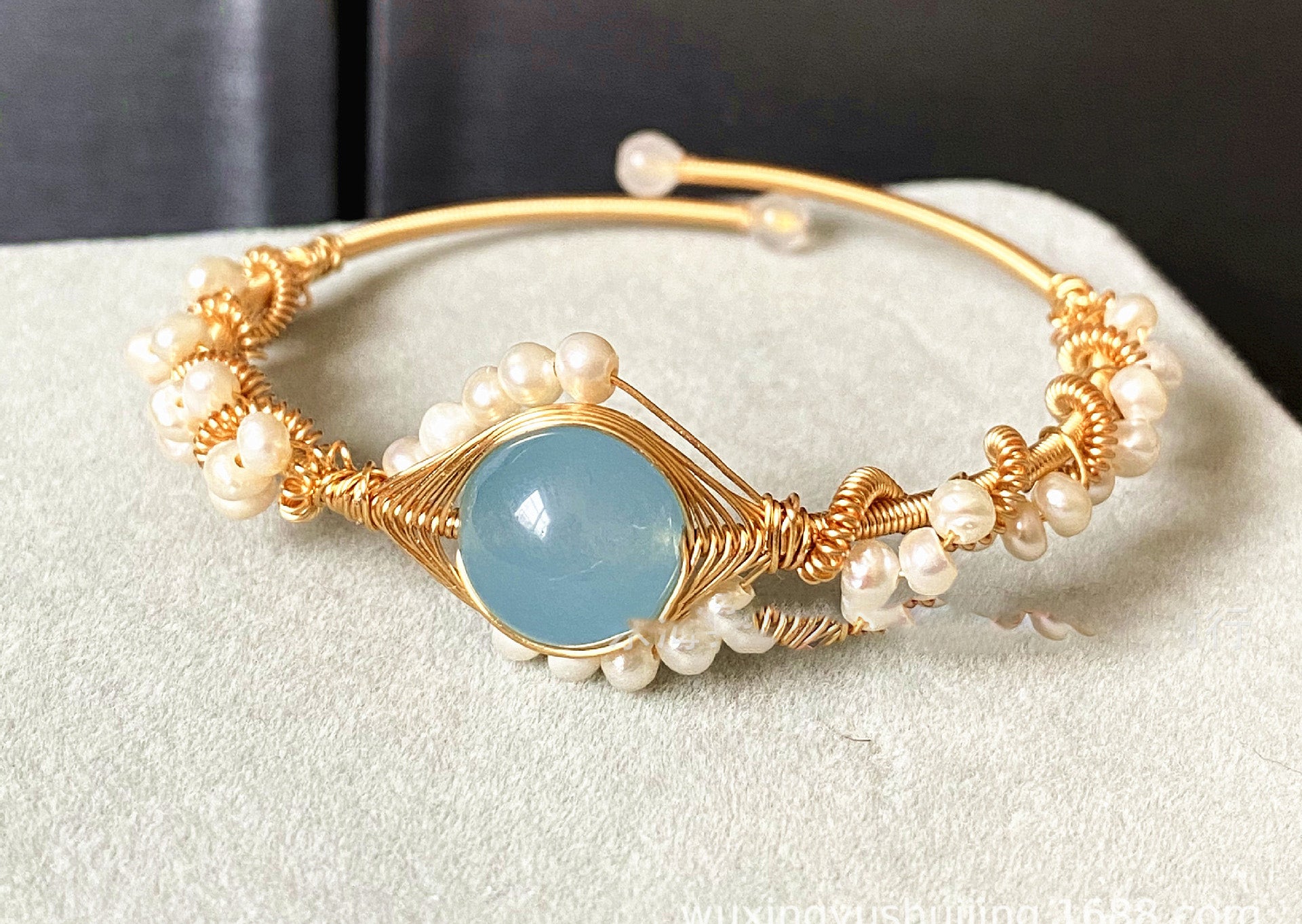 14K GoldWrapped Handmade Bracelet Hailan Baohai Sapphire Natural White Pearl Bracelet - FASHIONKULTUR