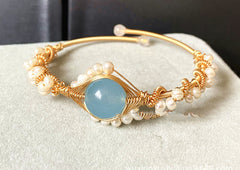 14K GoldWrapped Handmade Bracelet Hailan Baohai Sapphire Natural White Pearl Bracelet - FASHIONKULTUR