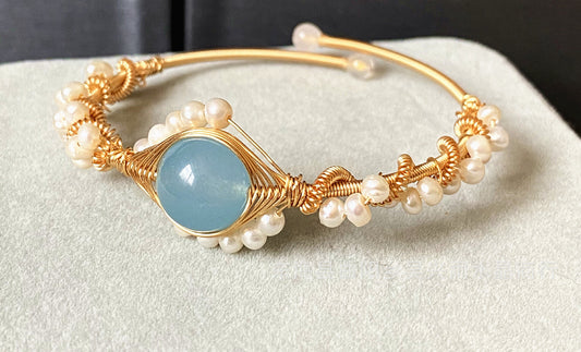 14K GoldWrapped Handmade Bracelet Hailan Baohai Sapphire Natural White Pearl Bracelet - FASHIONKULTUR