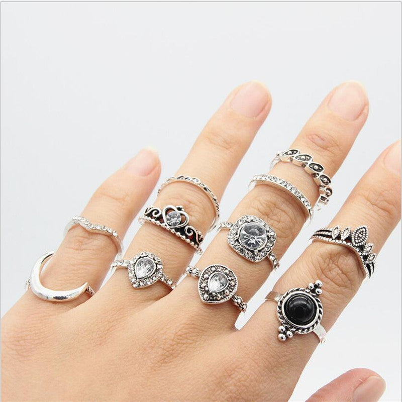 Vintage Diamond Black Gem Ring Geometry 11 Piece Set Ring Ring Jewelry - FASHIONKULTUR