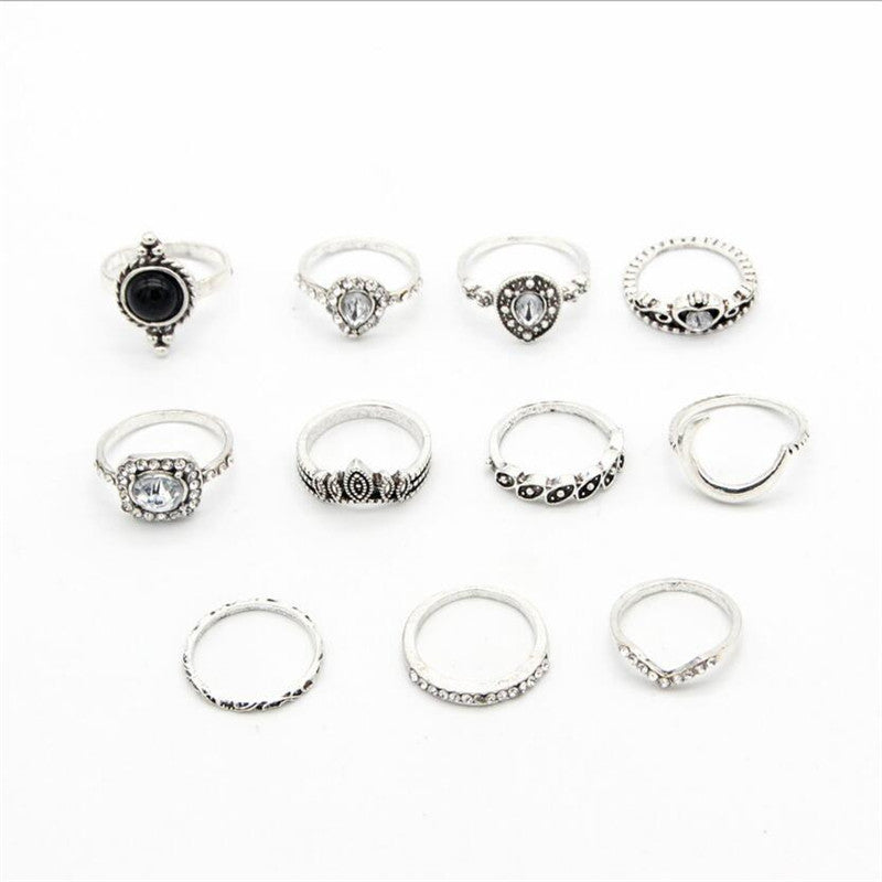 Vintage Diamond Black Gem Ring Geometry 11 Piece Set Ring Ring Jewelry - FASHIONKULTUR