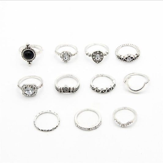 Vintage Diamond Black Gem Ring Geometry 11 Piece Set Ring Ring Jewelry - FASHIONKULTUR