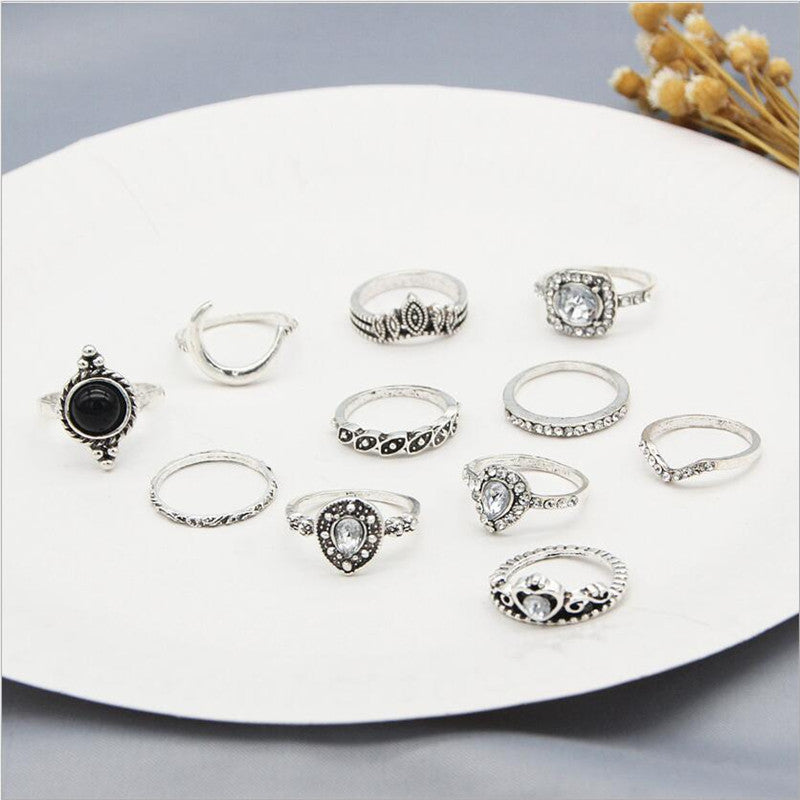 Vintage Diamond Black Gem Ring Geometry 11 Piece Set Ring Ring Jewelry - FASHIONKULTUR