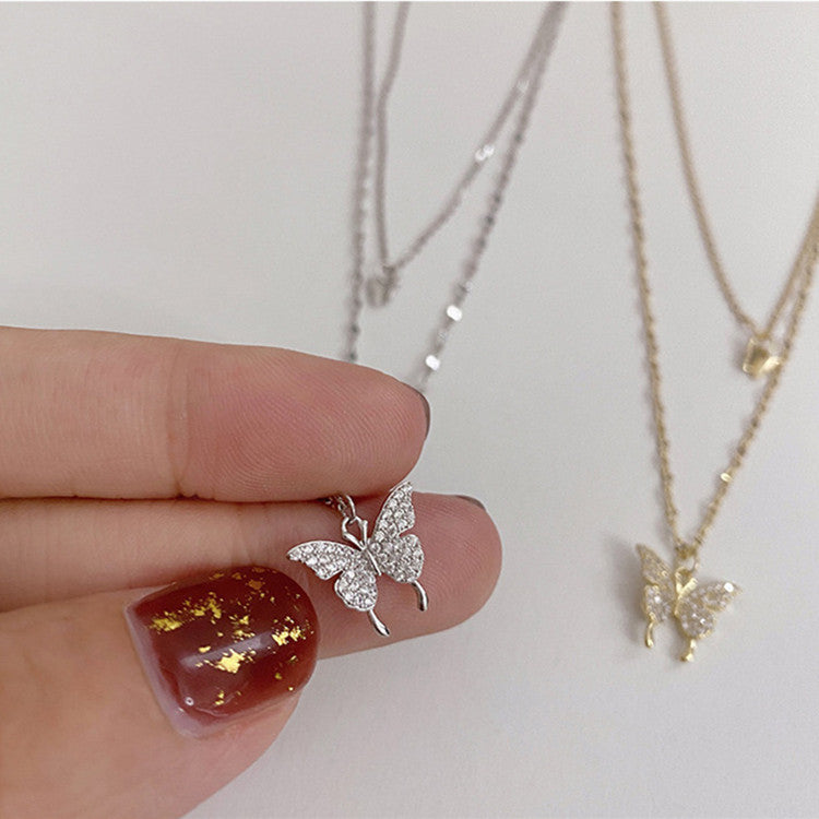 Fashion Jewelry Elegant Silver Color Shiny Butterfly Necklaces Ladies Exquisite Double Layer Clavicle Chain Necklace Jewelry Gift - FASHIONKULTUR