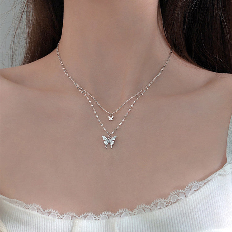 Fashion Jewelry Elegant Silver Color Shiny Butterfly Necklaces Ladies Exquisite Double Layer Clavicle Chain Necklace Jewelry Gift - FASHIONKULTUR