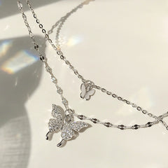 Fashion Jewelry Elegant Silver Color Shiny Butterfly Necklaces Ladies Exquisite Double Layer Clavicle Chain Necklace Jewelry Gift - FASHIONKULTUR