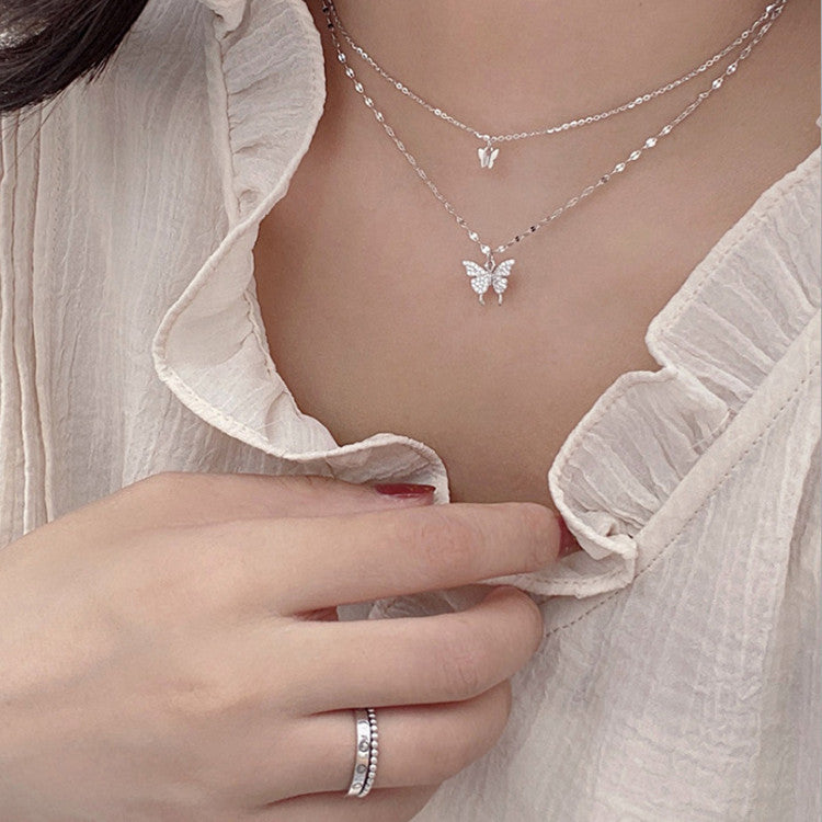 Fashion Jewelry Elegant Silver Color Shiny Butterfly Necklaces Ladies Exquisite Double Layer Clavicle Chain Necklace Jewelry Gift - FASHIONKULTUR