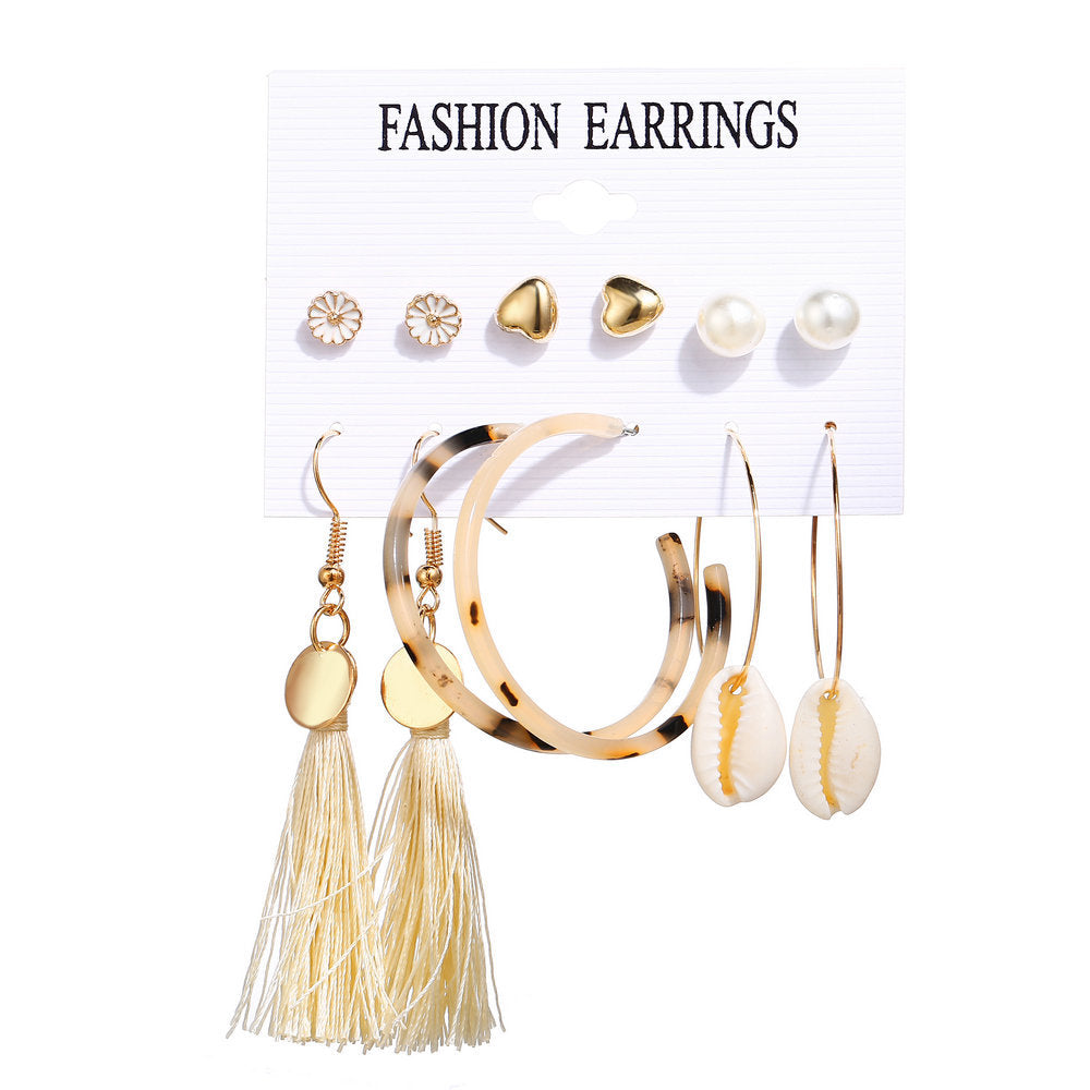 Acrylic Artificial Pearl Circle Tassel Earring Set 6 Pieces Cross Border Earrings - FASHIONKULTUR