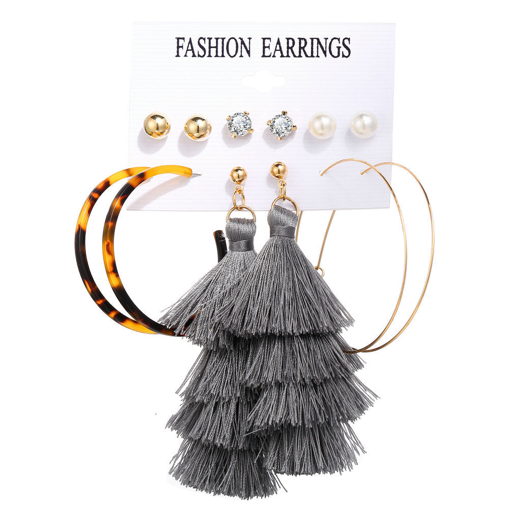 Acrylic Artificial Pearl Circle Tassel Earring Set 6 Pieces Cross Border Earrings - FASHIONKULTUR