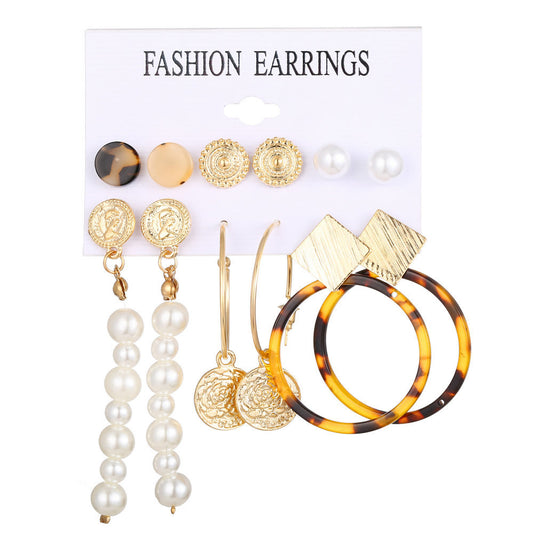 Acrylic Artificial Pearl Circle Tassel Earring Set 6 Pieces Cross Border Earrings - FASHIONKULTUR