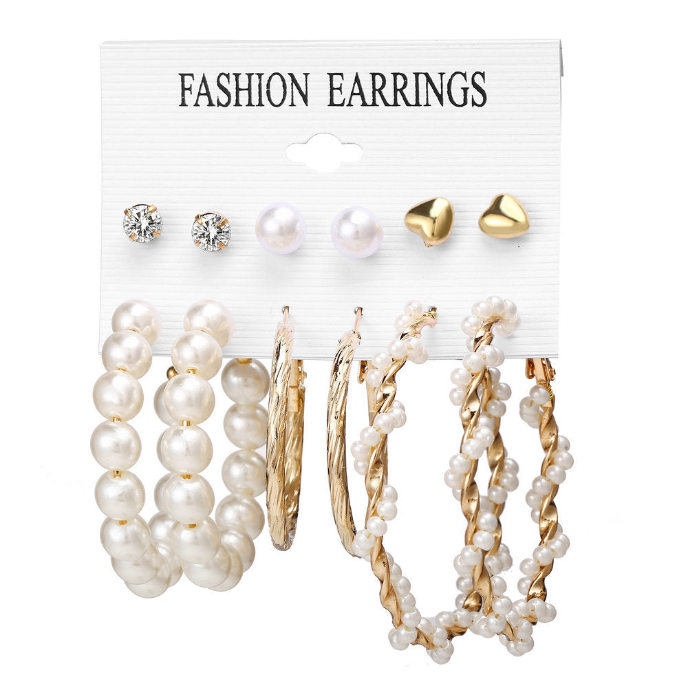 Acrylic Artificial Pearl Circle Tassel Earring Set 6 Pieces Cross Border Earrings - FASHIONKULTUR