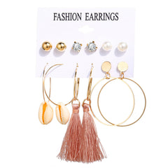 Acrylic Artificial Pearl Circle Tassel Earring Set 6 Pieces Cross Border Earrings - FASHIONKULTUR