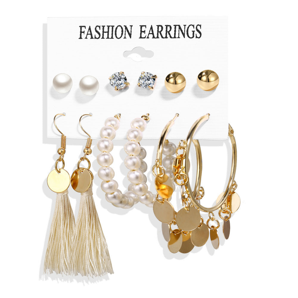 Acrylic Artificial Pearl Circle Tassel Earring Set 6 Pieces Cross Border Earrings - FASHIONKULTUR