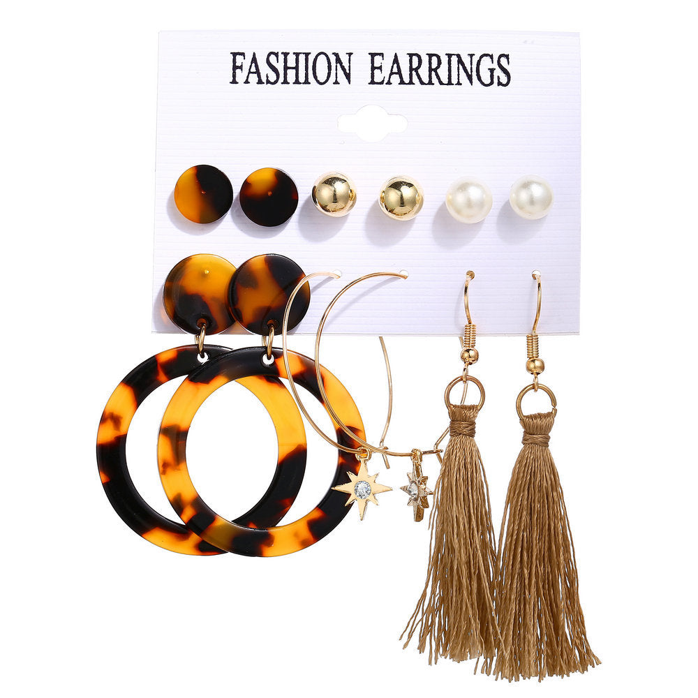 Acrylic Artificial Pearl Circle Tassel Earring Set 6 Pieces Cross Border Earrings - FASHIONKULTUR