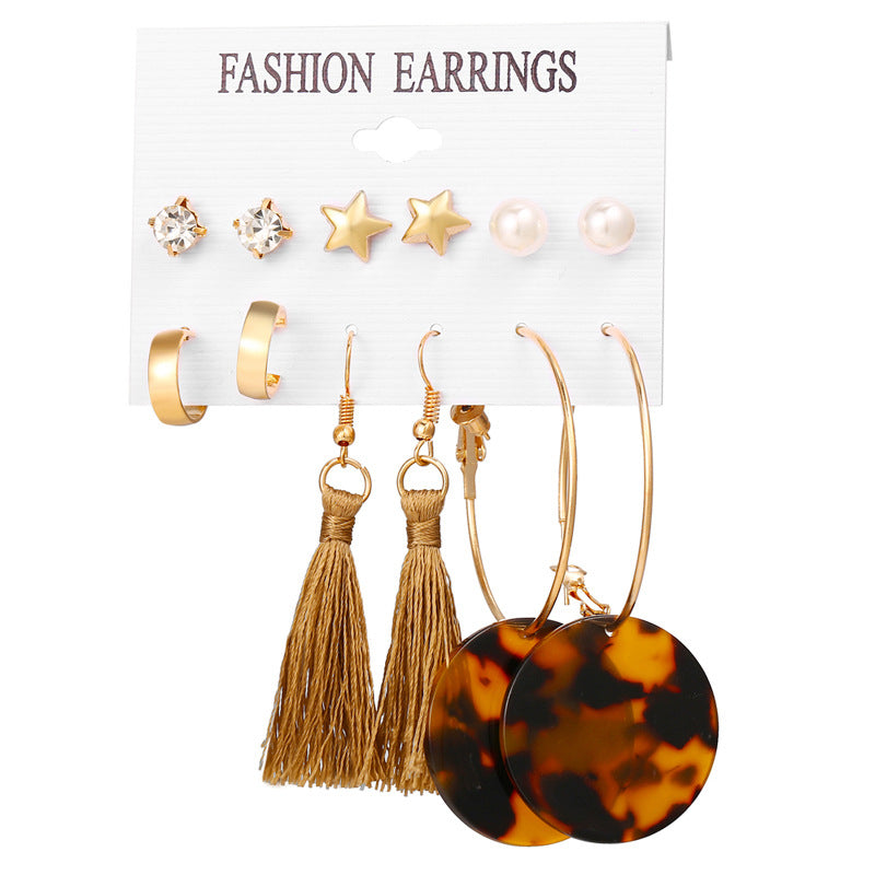 Acrylic Artificial Pearl Circle Tassel Earring Set 6 Pieces Cross Border Earrings - FASHIONKULTUR