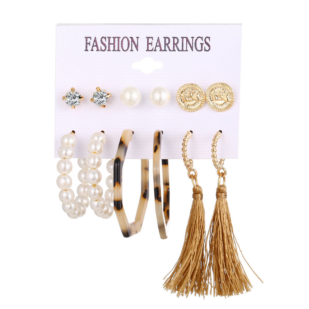 Acrylic Artificial Pearl Circle Tassel Earring Set 6 Pieces Cross Border Earrings - FASHIONKULTUR