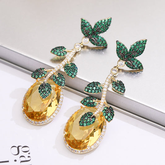 Long Micro-set Zircon Earrings Green Leaf Yellow Gemstone Earrings