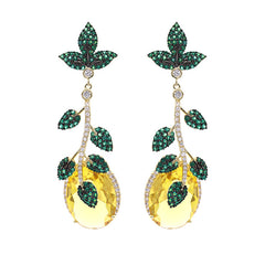 Long Micro-set Zircon Earrings Green Leaf Yellow Gemstone Earrings