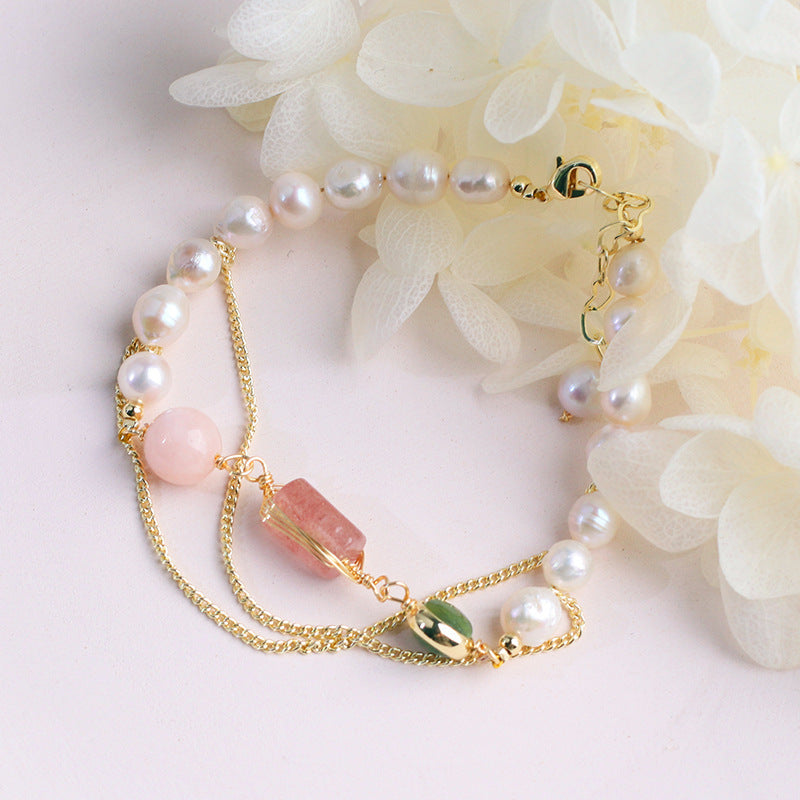 Women's Natural Freshwater Pearl Strawberry Crystal Bracelet - FASHIONKULTUR