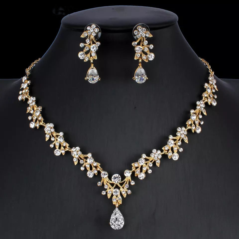 Golden Zircon Jewelry Set Bridal Necklace Earrings Wedding Two-piece Set - FASHIONKULTUR