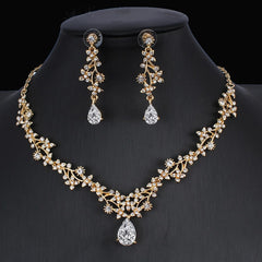 Golden Zircon Jewelry Set Bridal Necklace Earrings Wedding Two-piece Set - FASHIONKULTUR