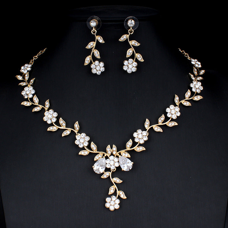 Golden Zircon Jewelry Set Bridal Necklace Earrings Wedding Two-piece Set - FASHIONKULTUR