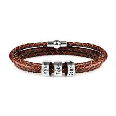 Personalized Mens Braided Genuine Leather Bracelet Stainless Steel Custom Beads Name Charm Bracelet For Men With Family Names - FASHIONKULTUR