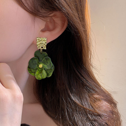 Silver Needle Acrylic Green Flower Stud Earrings - FASHIONKULTUR