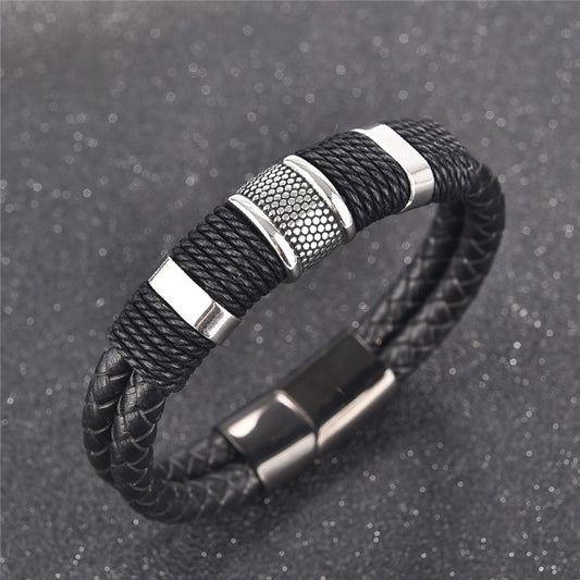 Fashion Black Braid Woven Leather Bracelet Titanium Stainless Steel Bracelet Men Bangle Men Jewelry Vintage Gift - FASHIONKULTUR