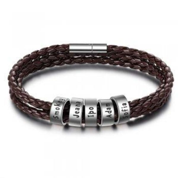 Personalized Mens Braided Genuine Leather Bracelet Stainless Steel Custom Beads Name Charm Bracelet For Men With Family Names - FASHIONKULTUR