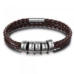 Personalized Mens Braided Genuine Leather Bracelet Stainless Steel Custom Beads Name Charm Bracelet For Men With Family Names - FASHIONKULTUR