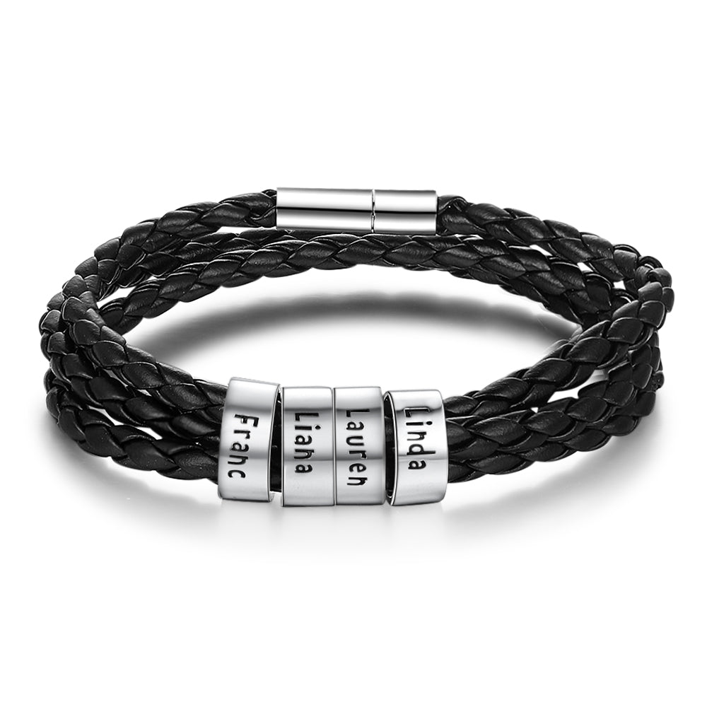 Personalized Mens Braided Genuine Leather Bracelet Stainless Steel Custom Beads Name Charm Bracelet For Men With Family Names - FASHIONKULTUR