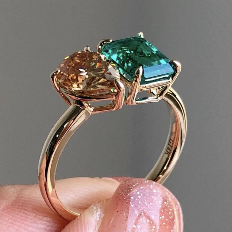 Fashion Jewelry Creative Double Main Stone Lady Green Yellow Zircon Square Stone Ring Female Luxury Crystal Engagement Ring Classic Gold Color Wedding Rings For Women Minimalist Bands - FASHIONKULTUR