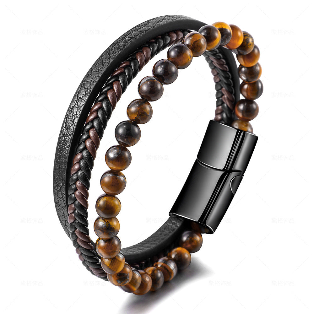 Stainless Steel Natural Tiger Eye Stone Bracelet With Beads For Men - FASHIONKULTUR